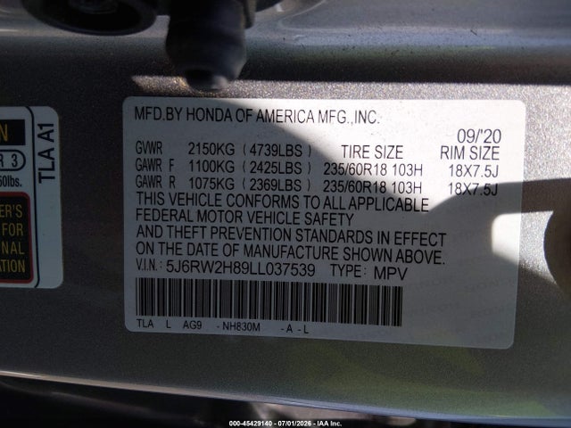 Honda Cr-v Awd Ex-l 2020 5J6RW2H89LL037539 Image 9