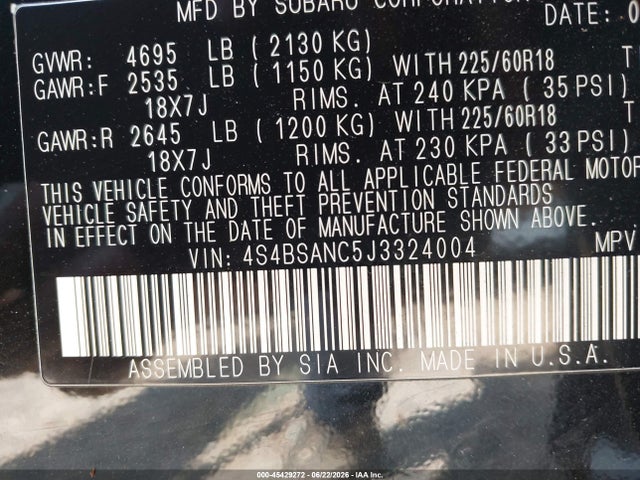 45429272 :رقم المزاد ، 4S4BSANC5J3324004 vin ، 2018 Subaru Outback 2.5i Limited مزاد بيع