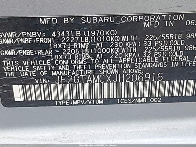 Auction sale of the 2018 Subaru Crosstrek 2.0i Limited, vin: JF2GTAMCXJH206916, lot number: 45429314