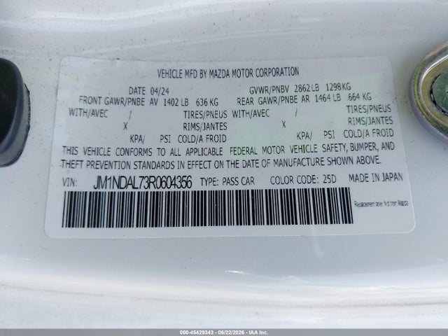 2024 Mazda Mx-5 Miata Rf Club მანქანა იყიდება აუქციონზე, vin: JM1NDAL73R0604356, აუქციონის ნომერი: 45429343