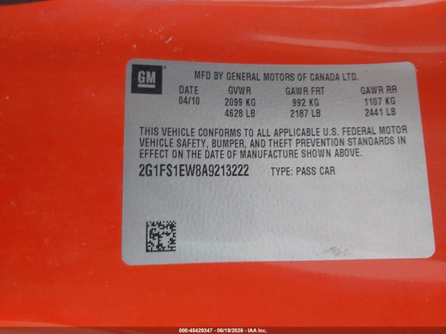 45429347 :رقم المزاد ، 2G1FS1EW8A9213222 vin ، 2010 Chevrolet Camaro 1ss مزاد بيع