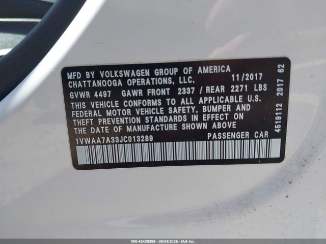 45429359 :رقم المزاد ، 1VWAA7A33JC013289 vin ، 2018 Volkswagen Passat 2.0t R-line/2.0t S مزاد بيع