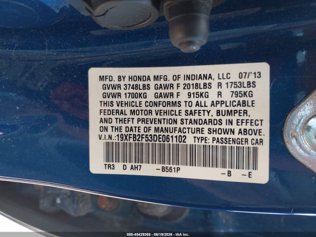 45429368 :رقم المزاد ، 19XFB2F53DE061102 vin ، 2013 Honda Civic Lx مزاد بيع