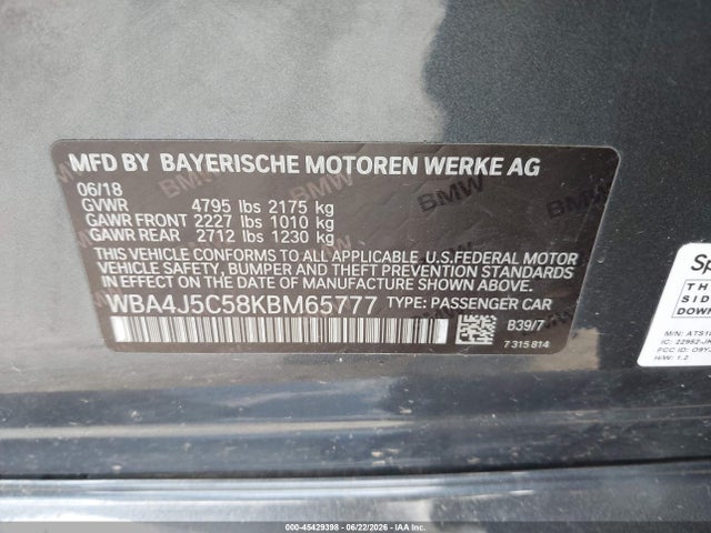 45429398 :رقم المزاد ، WBA4J5C58KBM65777 vin ، 2019 Bmw 440i Gran Coupe مزاد بيع