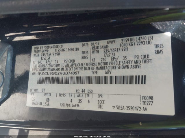 Aukcja sprzedaży 2017 Ford Escape Se, vin: 1FMCU9GD2HUD74057, numer aukcji: 45429420