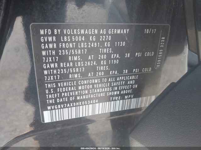 2017 Volkswagen Tiguan 2.0t/2.0t S მანქანა იყიდება აუქციონზე, vin: WVGBV7AX9HK053404, აუქციონის ნომერი: 45429424