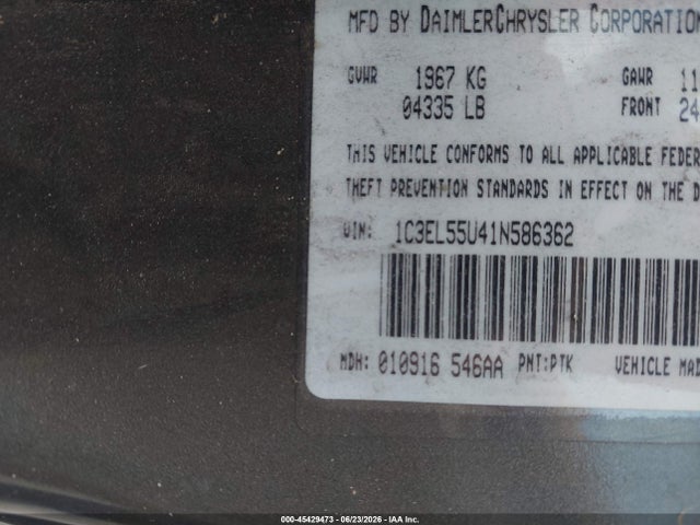 Aukcja sprzedaży 2001 Chrysler Sebring Lxi, vin: 1C3EL55U41N586362, numer aukcji: 45429473