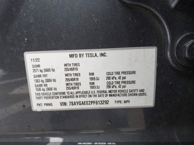 45429501 :رقم المزاد ، 7SAYGAEE2PF613292 vin ، 2023 Tesla Model Y Awd/long Range Dual Motor All-wheel Drive مزاد بيع