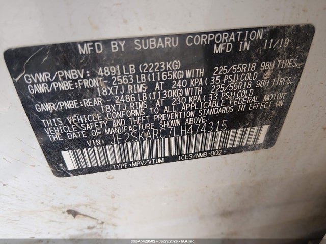 Продаж на аукціоні авто 2020 Subaru Forester Sport, vin: JF2SKARC7LH474315, номер лоту: 45429502