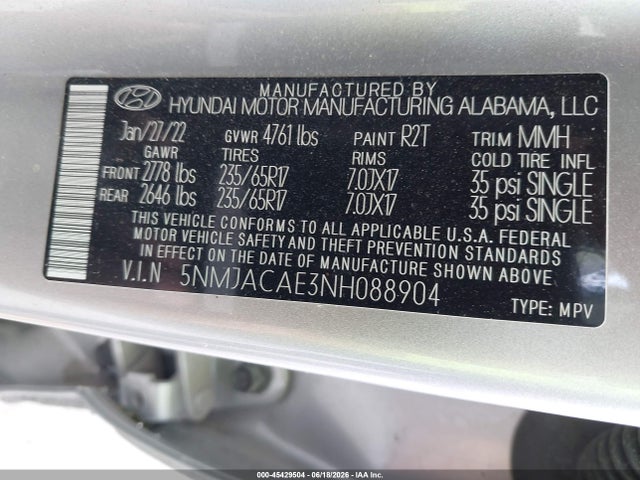 Продажа на аукционе авто 2022 Hyundai Tucson Se, vin: 5NMJACAE3NH088904, номер лота: 45429504
