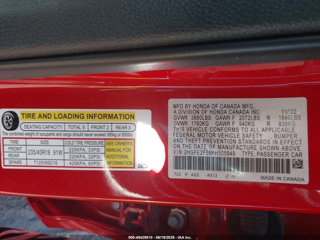 Honda Civic Sport 2023 2HGFE2F58PH505849 Image 9