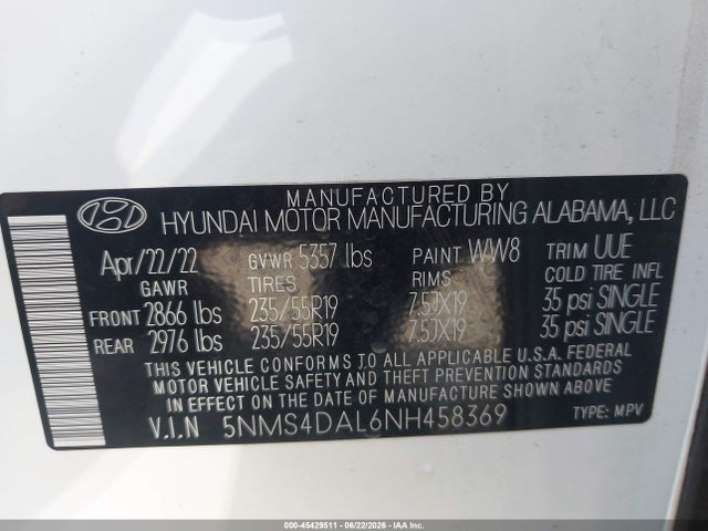 2022 Hyundai Santa Fe Limited მანქანა იყიდება აუქციონზე, vin: 5NMS4DAL6NH458369, აუქციონის ნომერი: 45429511