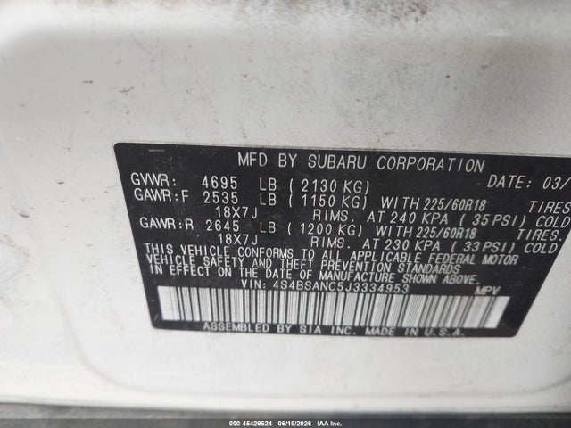 Продаж на аукціоні авто 2018 Subaru Outback 2.5i Limited, vin: 4S4BSANC5J3334953, номер лоту: 45429524