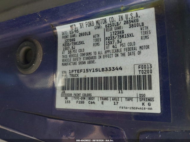 45429532 :رقم المزاد ، 1FTEF15Y1SLB33344 vin ، 1995 Ford F150 مزاد بيع