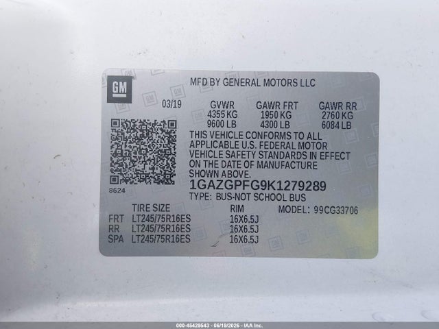Продаж на аукціоні авто 2019 Chevrolet Express 3500 Lt, vin: 1GAZGPFG9K1279289, номер лоту: 45429543