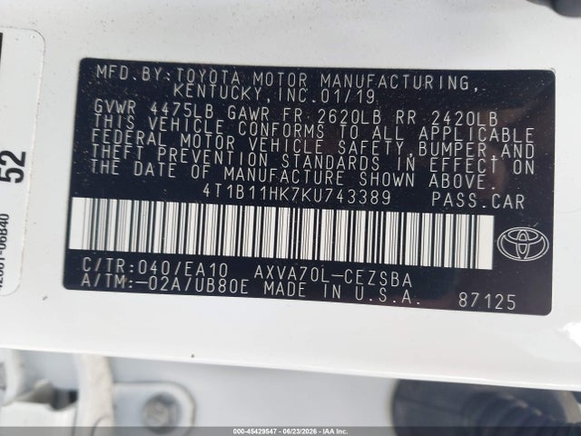 4T1B11HK7KU743389 Toyota CAMRY SE
