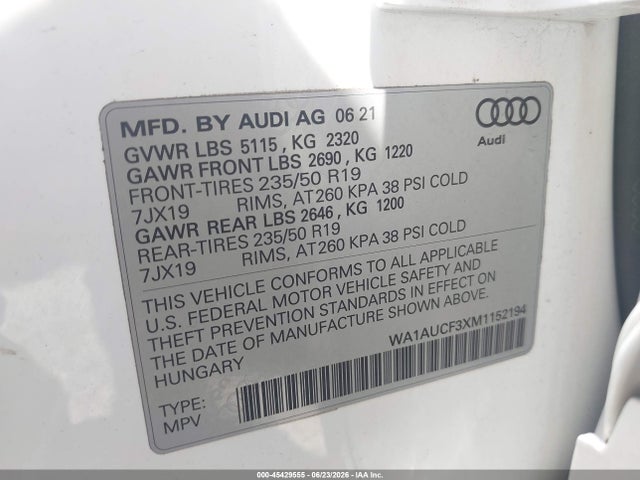 Aukcja sprzedaży 2021 Audi Q3 Premium 40 Tfsi Quattro Tiptronic, vin: WA1AUCF3XM1152194, numer aukcji: 45429555