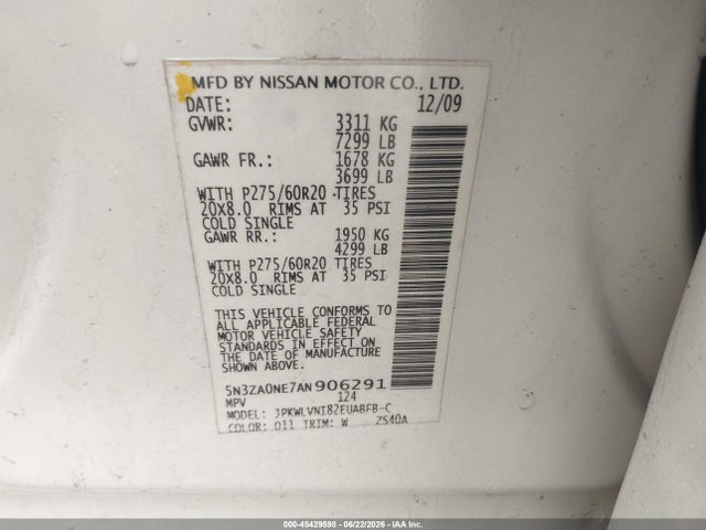 2010 Infiniti Qx56 მანქანა იყიდება აუქციონზე, vin: 5N3ZA0NE7AN906291, აუქციონის ნომერი: 45429598
