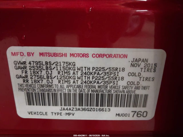 2016 Mitsubishi Outlander Es მანქანა იყიდება აუქციონზე, vin: JA4AZ3A36GZ016613, აუქციონის ნომერი: 45429611