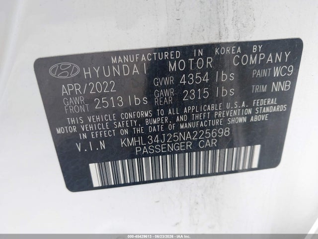 45429613 :رقم المزاد ، KMHL34J25NA225698 vin ، 2022 Hyundai Sonata Limited مزاد بيع