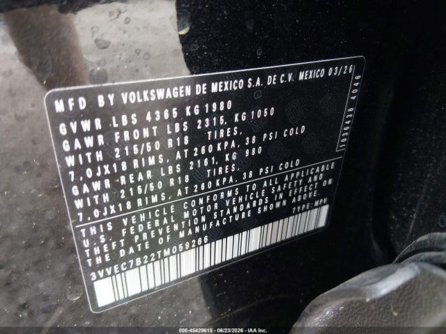 Продажа на аукционе авто 2026 Volkswagen Taos Se, vin: 3VVEC7B22TM059266, номер лота: 45429615