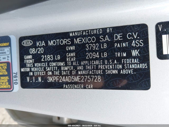45429621 :رقم المزاد ، 3KPF24AD5ME275728 vin ، 2021 Kia Forte Lxs مزاد بيع