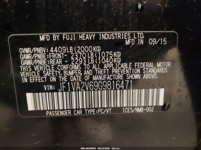 Продаж на аукціоні авто 2016 Subaru Wrx Sti, vin: JF1VA2V69G9816471, номер лоту: 45429648