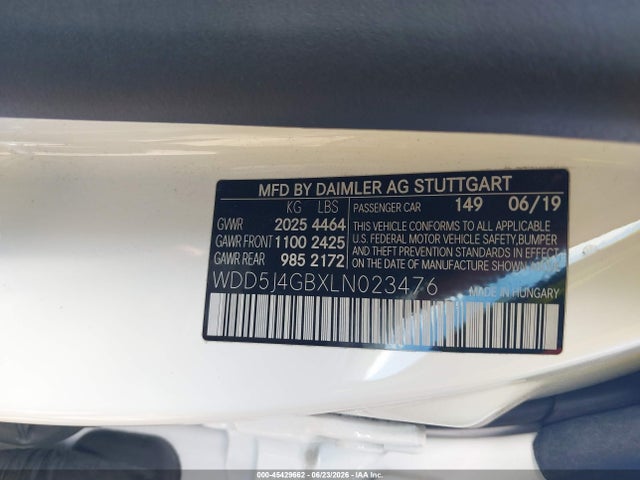 Aukcja sprzedaży 2020 Mercedes-benz Cla 250, vin: WDD5J4GBXLN023476, numer aukcji: 45429662