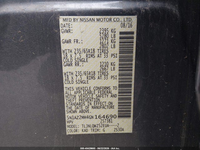 Nissan MURANO SV 2016 5N1AZ2MH4GN164690 Image 9