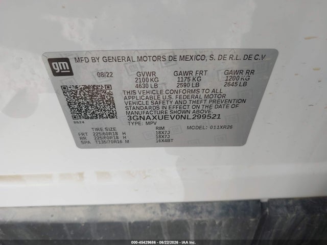 45429686 :رقم المزاد ، 3GNAXUEV0NL299521 vin ، 2022 Chevrolet Equinox Awd Lt مزاد بيع