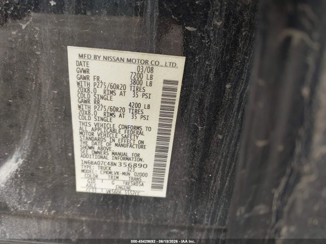 45429692 :رقم المزاد ، 1N6BA07C48N356890 vin ، 2008 Nissan Titan Le/pro-4x/se/xe مزاد بيع