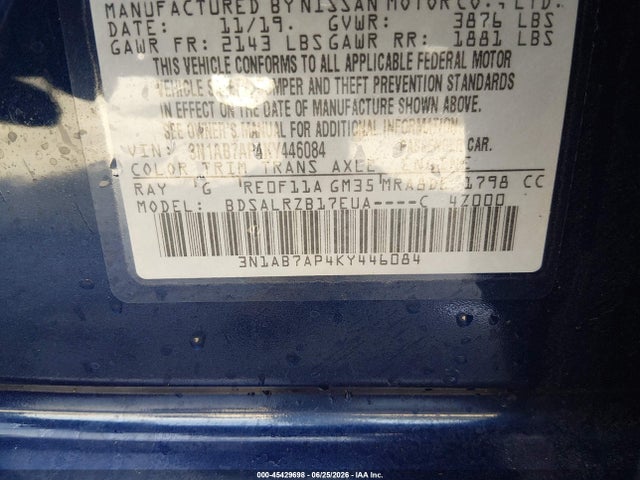 2019 Nissan Sentra Sr მანქანა იყიდება აუქციონზე, vin: 3N1AB7AP4KY446084, აუქციონის ნომერი: 45429698