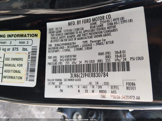 Aukcja sprzedaży 2014 Lincoln Mkz, vin: 3LN6L2J94ER830784, numer aukcji: 45429721