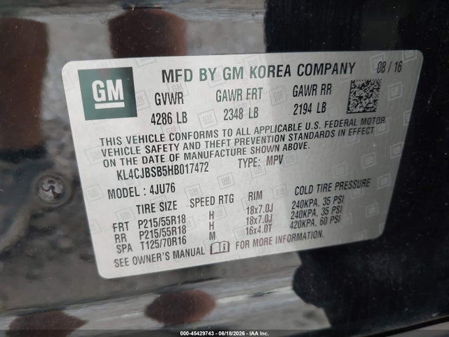45429743 :رقم المزاد ، KL4CJBSB5HB017472 vin ، 2017 Buick Encore مزاد بيع