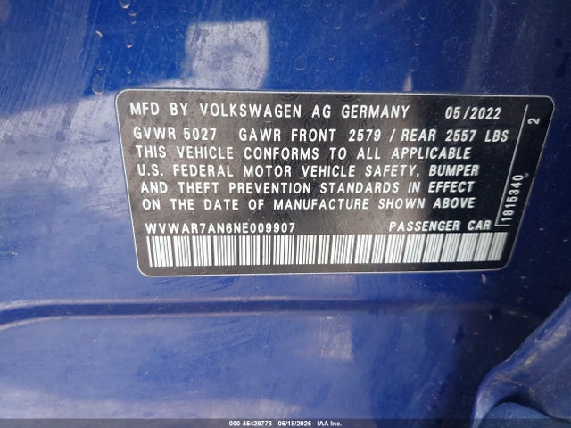 Продажа на аукционе авто 2022 Volkswagen Arteon 2.0t Sel R-line, vin: WVWAR7AN6NE009907, номер лота: 45429778