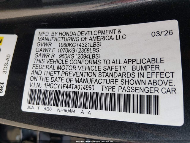 1HGCY1F44TA014960 Honda ACCORD SE
