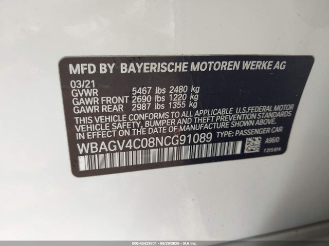 45429801 :رقم المزاد ، WBAGV4C08NCG91089 vin ، 2022 Bmw 840 Gran Coupe I Xdrive مزاد بيع
