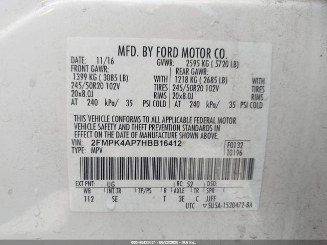 Aukcja sprzedaży 2017 Ford Edge Sport, vin: 2FMPK4AP7HBB16412, numer aukcji: 45429821
