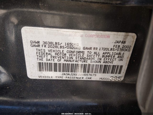 Aukcja sprzedaży 2002 Mitsubishi Lancer Es, vin: JA3AJ26E22U057679, numer aukcji: 45429843