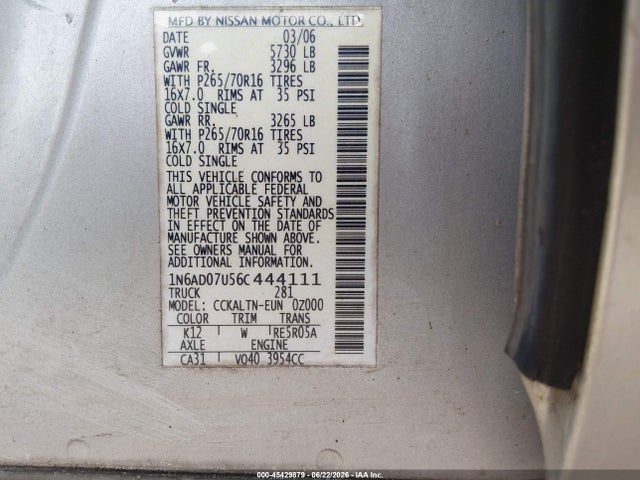 Auction sale of the 2006 Nissan Frontier Se, vin: 1N6AD07U56C444111, lot number: 45429879