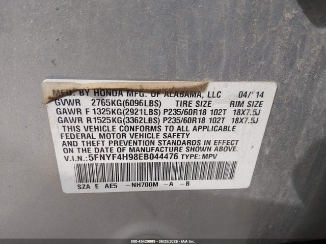 Продаж на аукціоні авто 2014 Honda Pilot Touring, vin: 5FNYF4H98EB044476, номер лоту: 45429889