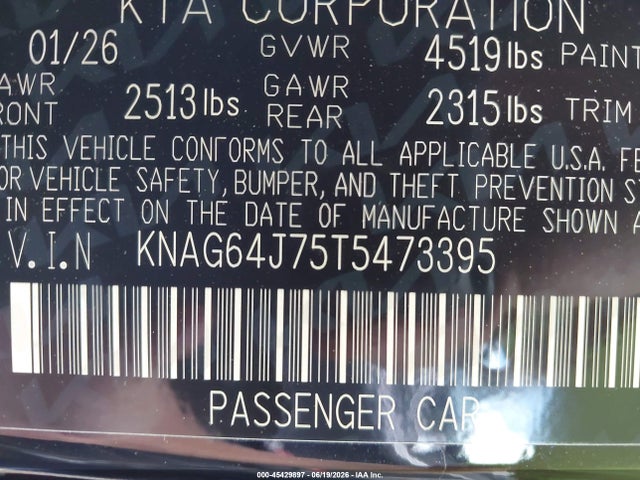 Продаж на аукціоні авто 2026 Kia K5 Gt-line Awd, vin: KNAG64J75T5473395, номер лоту: 45429897