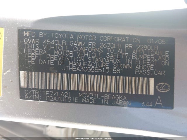 Продаж на аукціоні авто 2005 Lexus Es 330, vin: JTHBA30G555101581, номер лоту: 45429918