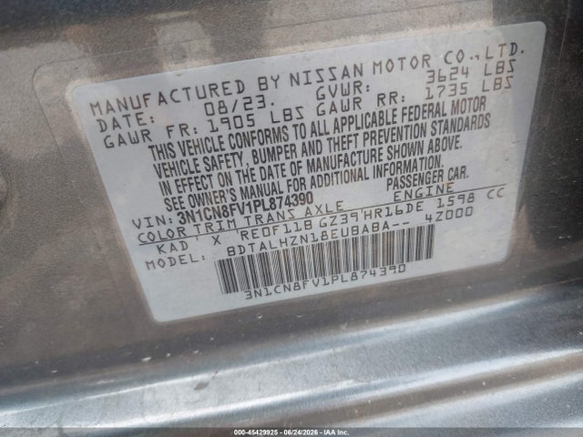 Продаж на аукціоні авто 2023 Nissan Versa 1.6 Sr Xtronic Cvt, vin: 3N1CN8FV1PL874390, номер лоту: 45429925