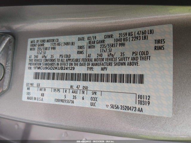 Ford ESCAPE SE 2019 1FMCU9GD2KUB24129 Image 9