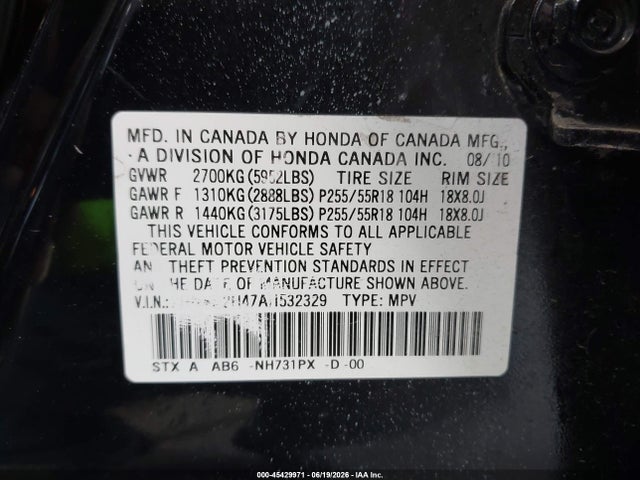 45429971 :رقم المزاد ، 2HNYD2H47AH532329 vin ، 2010 Acura Mdx Technology Package مزاد بيع