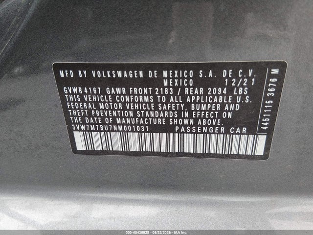 Aukcja sprzedaży 2022 Volkswagen Jetta 1.5t Se, vin: 3VW7M7BU7NM001031, numer aukcji: 45430028