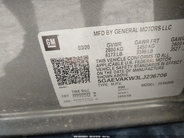 2020 Buick Enclave Awd Essence მანქანა იყიდება აუქციონზე, vin: 5GAEVAKW3LJ236706, აუქციონის ნომერი: 45430053