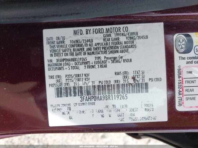 Aukcja sprzedaży 2011 Ford Fusion Se, vin: 3FAHP0HA9BR119265, numer aukcji: 45430065