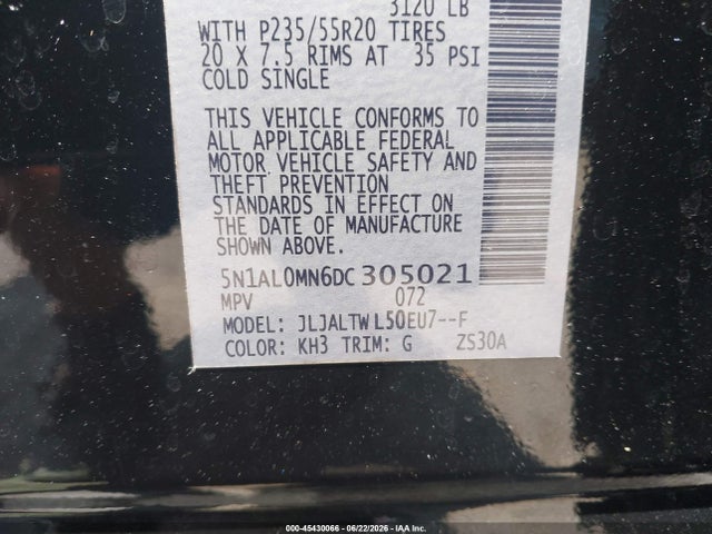 45430066 :رقم المزاد ، 5N1AL0MN6DC305021 vin ، 2013 Infiniti Jx35 مزاد بيع